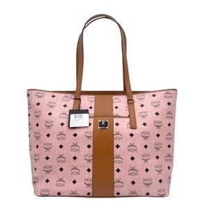 MCM New With Tags Top Zip Shopper Soft Pink Black Logo Coated Canvas/ Le…